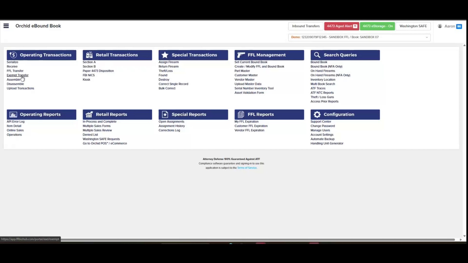 Selecting Exempt Transfer from the menu