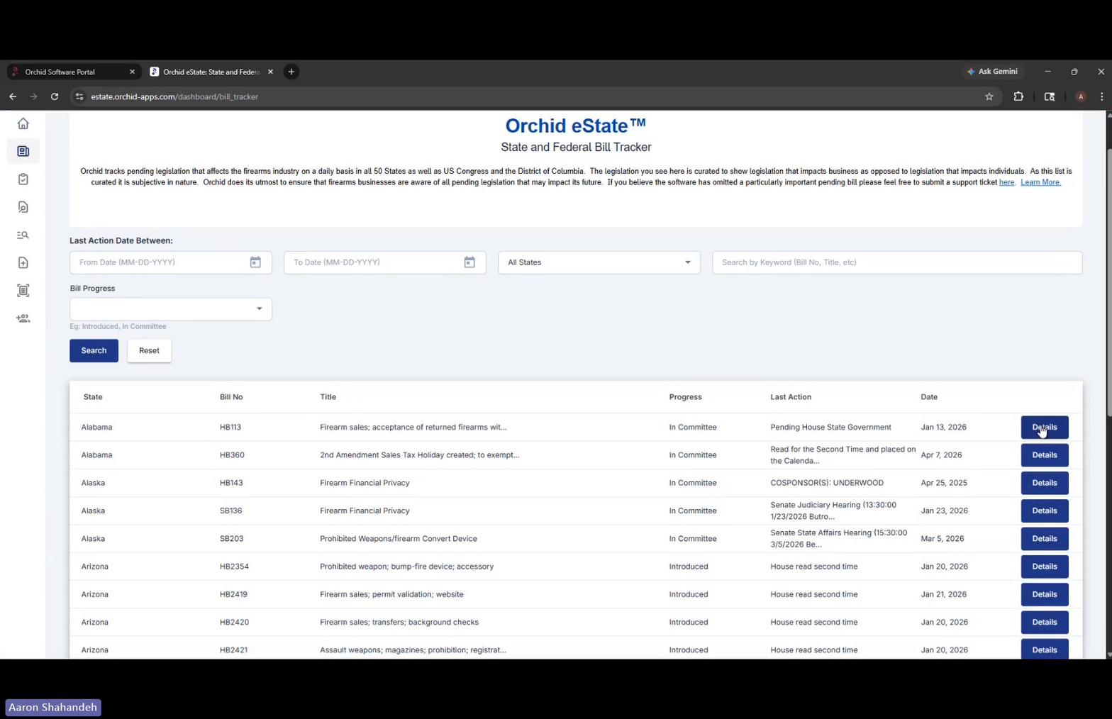 Bill tracker results with Details buttons