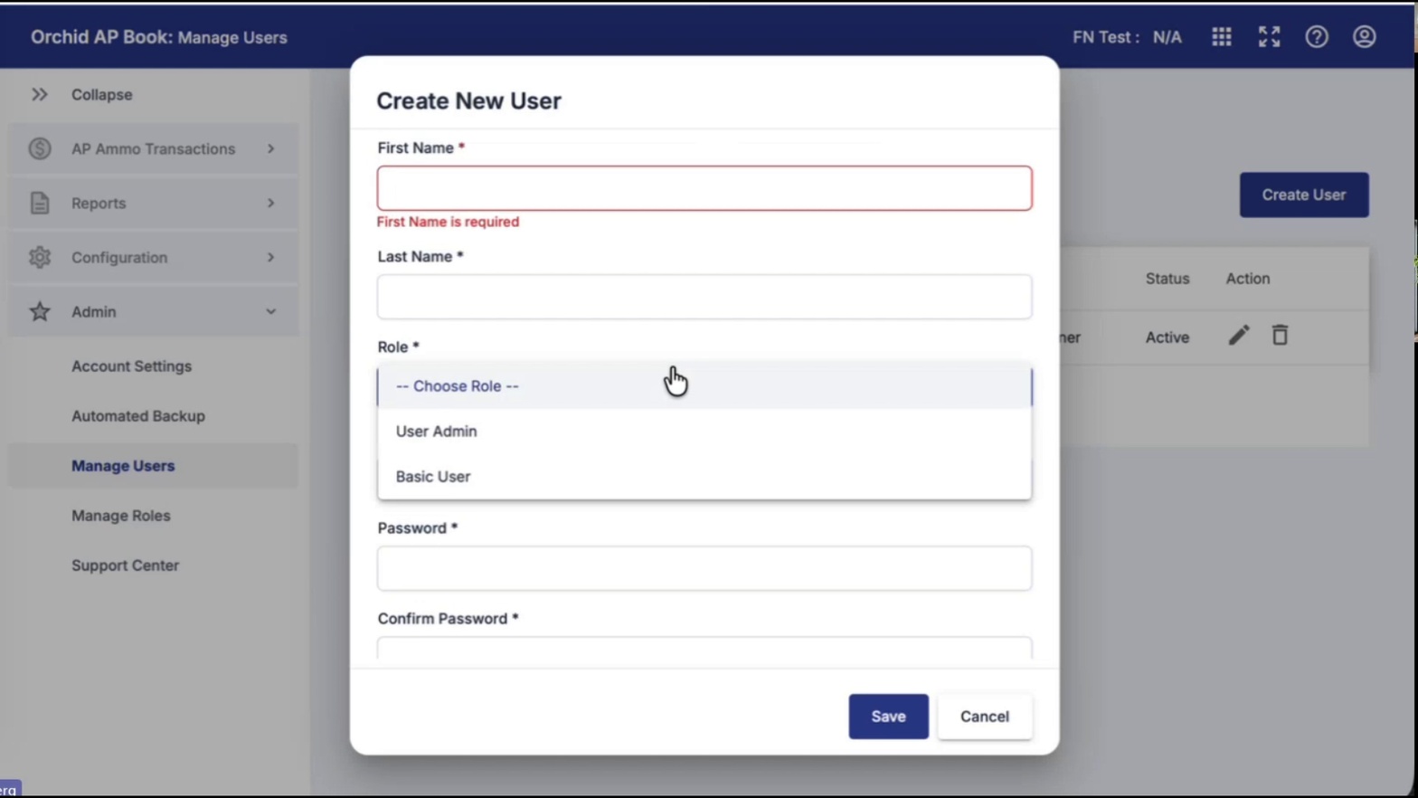 Create New User dialog
