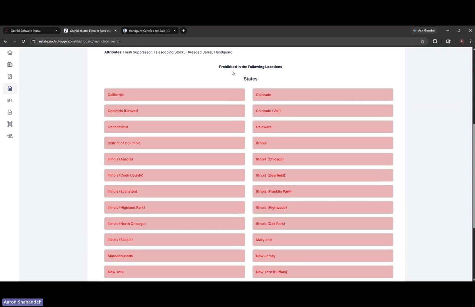 Restriction search results showing prohibited states