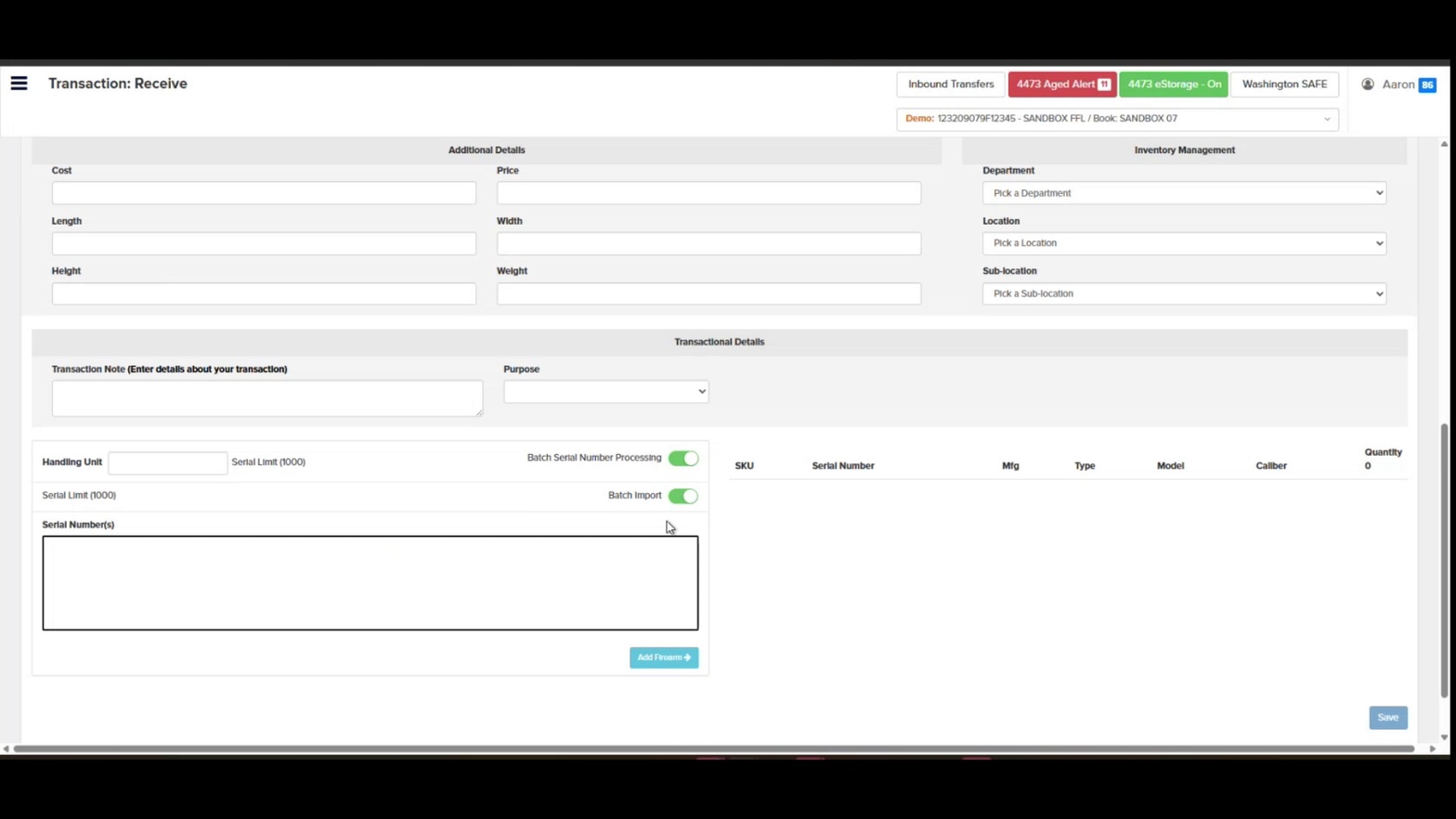 Batch Import toggled on showing Serial Numbers text area