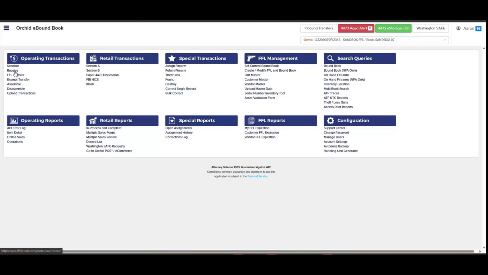 Selecting Receive from Operating Transactions