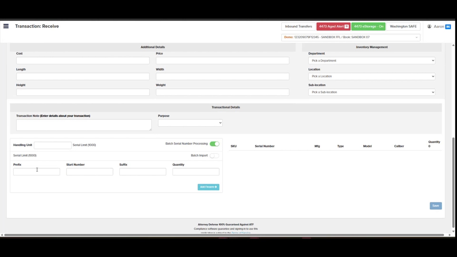 Batch Serial Number Processing toggled on