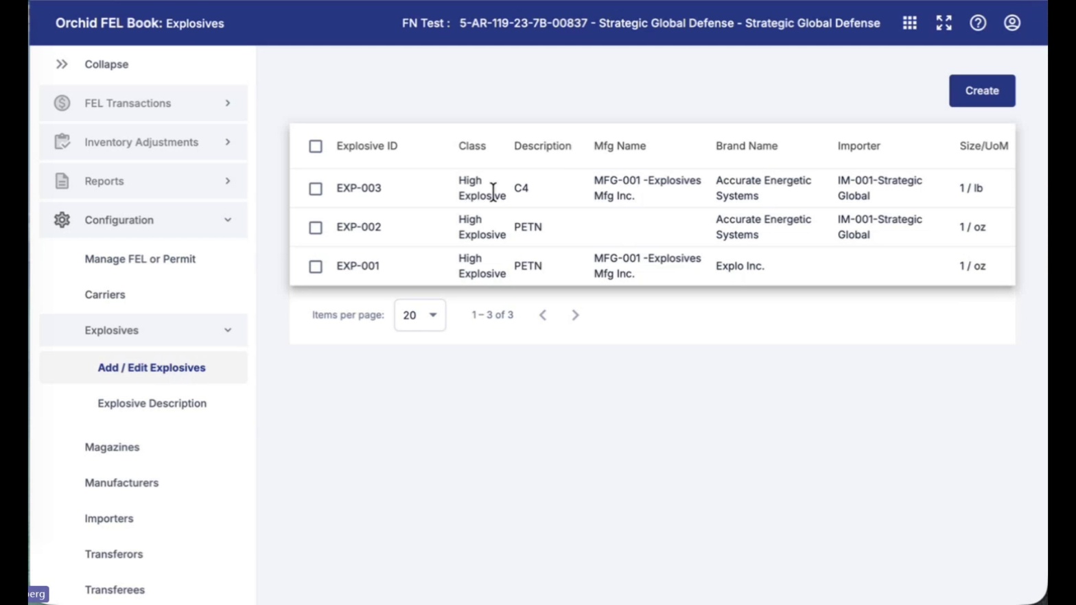 Explosives list view