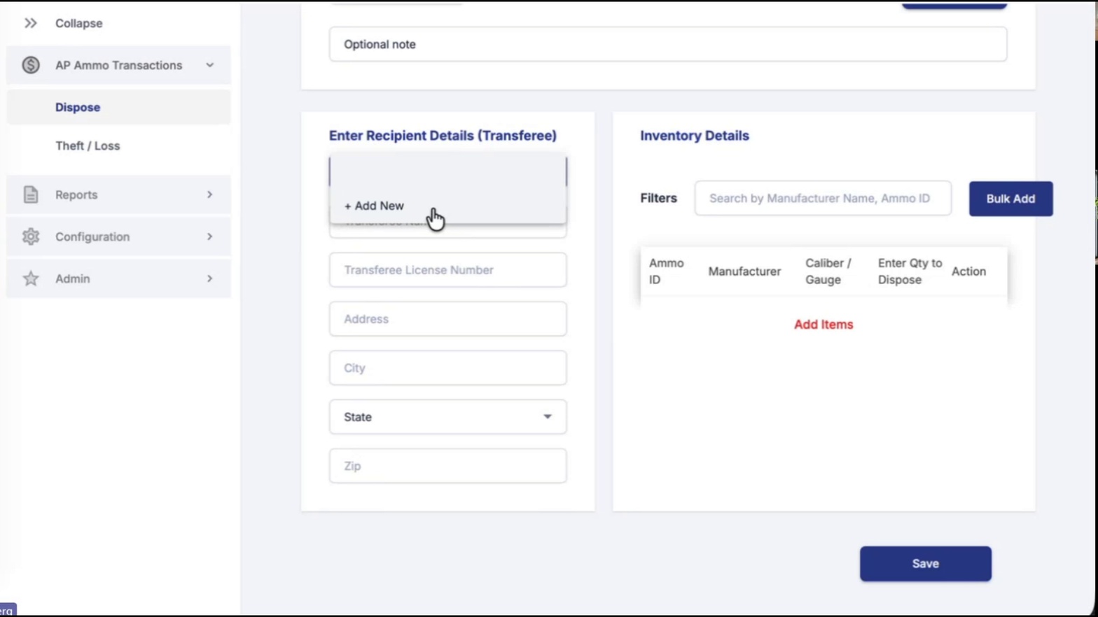 Transferee dropdown with Add New