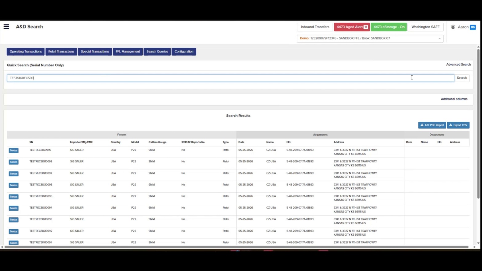 A&D Search results showing transferred firearm