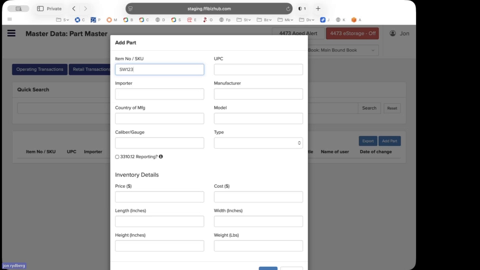 Add Part modal