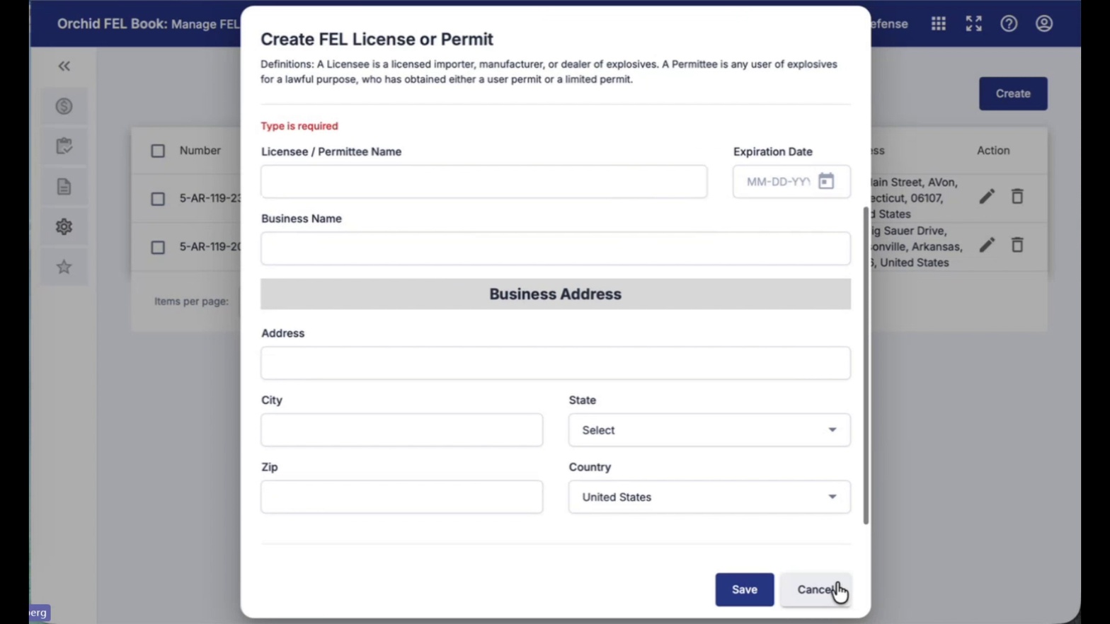 Create FEL License or Permit dialog