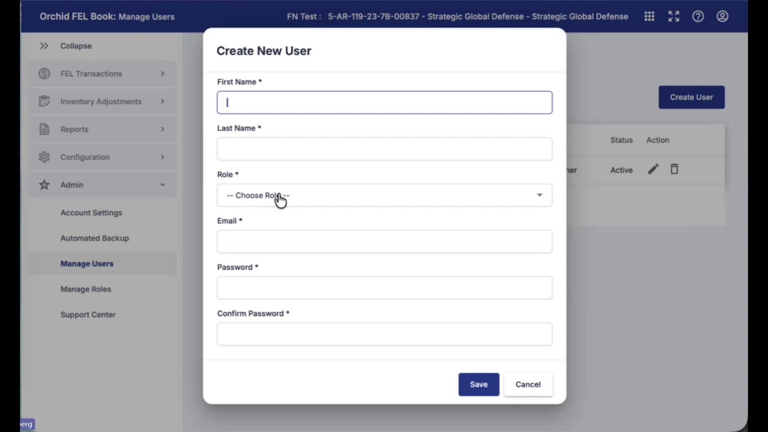 Create New User dialog