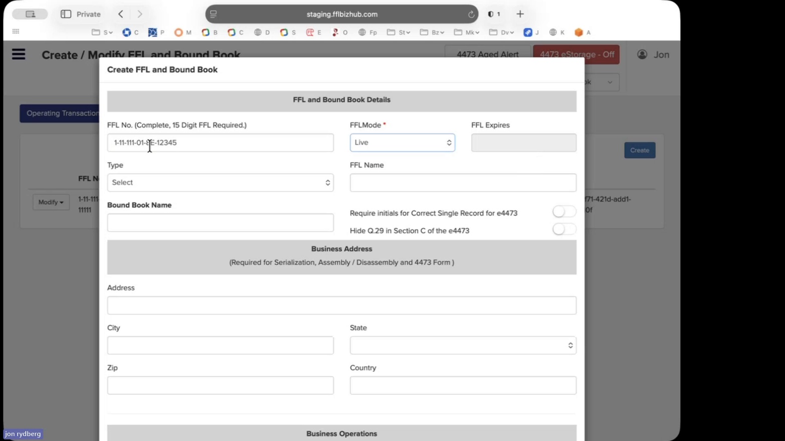 FFL and Bound Book Details form