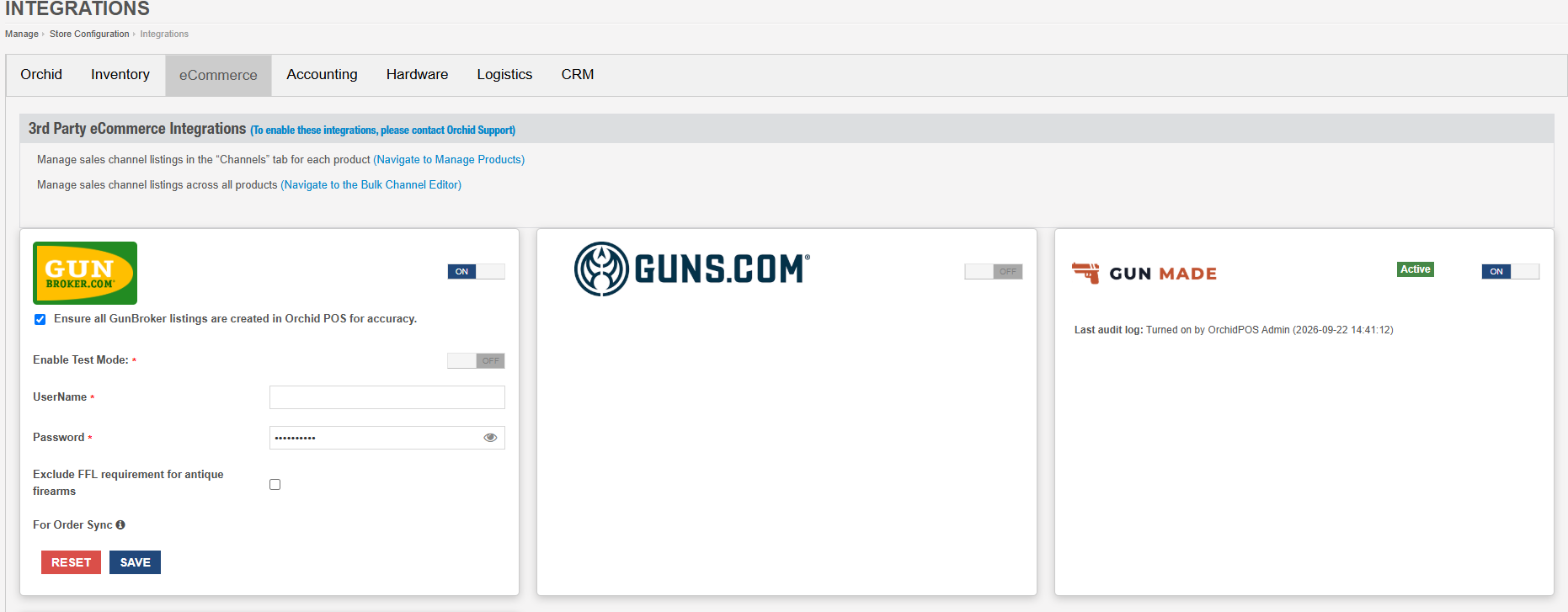 eComm Integrations page showing the GunMade panel with its toggle switched ON