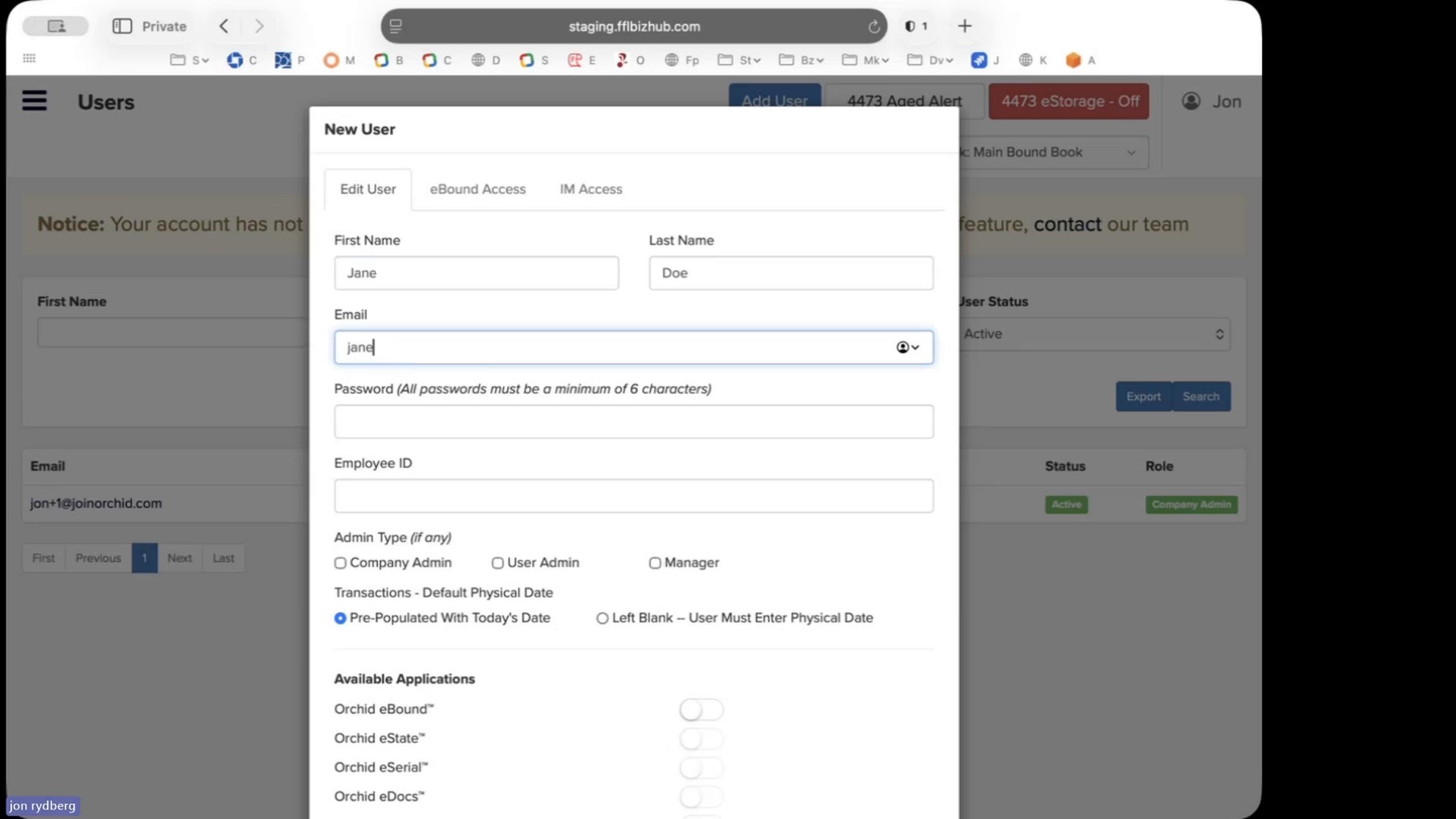 New User Edit tab