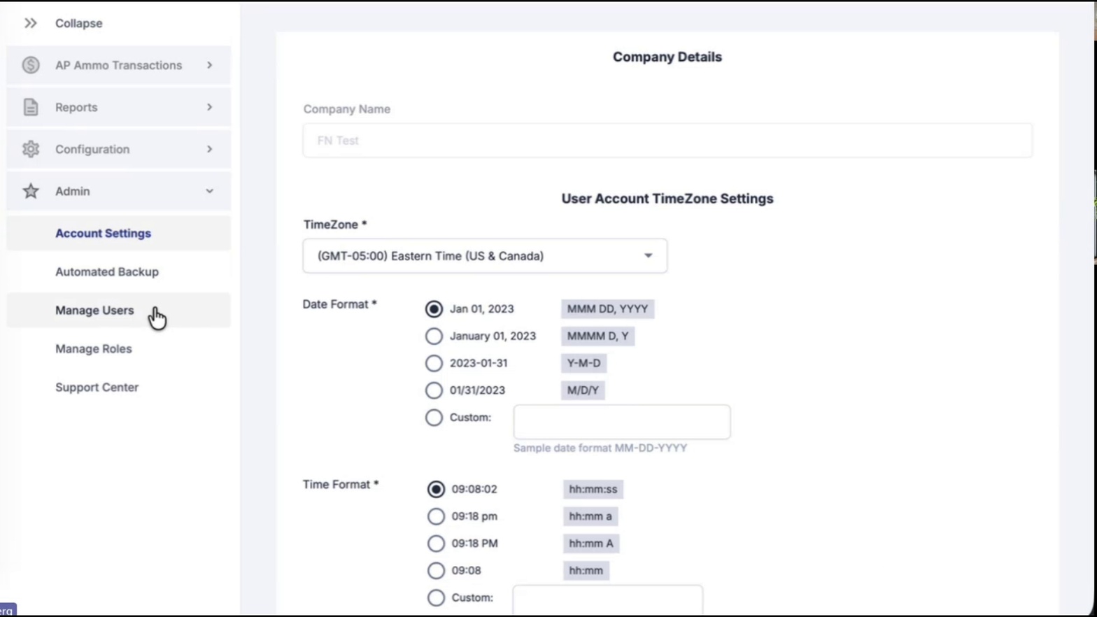 TimeZone, Date Format, and Time Format selections