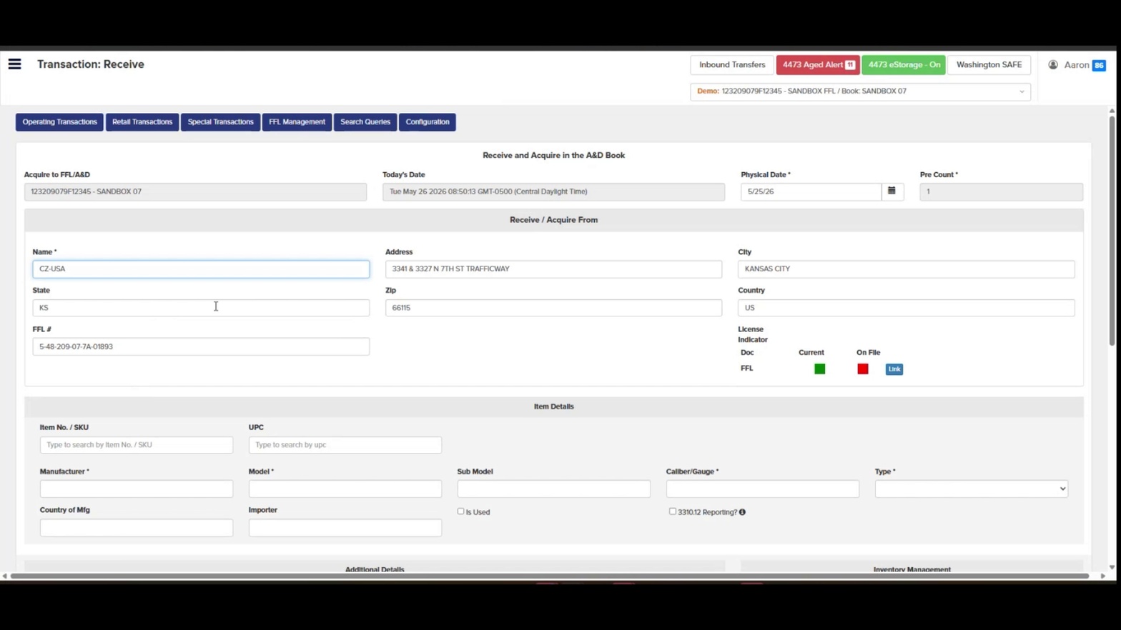 Auto-populated FFL details with green Current indicator