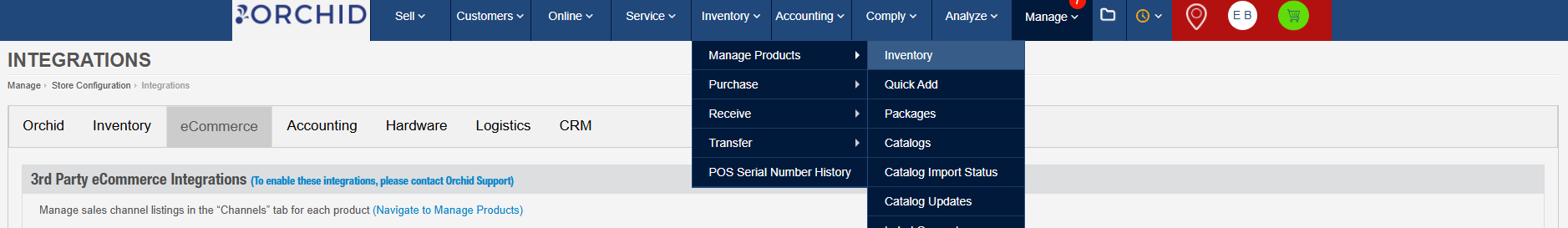 Manage menu expanded, showing Manage Products > Inventory
