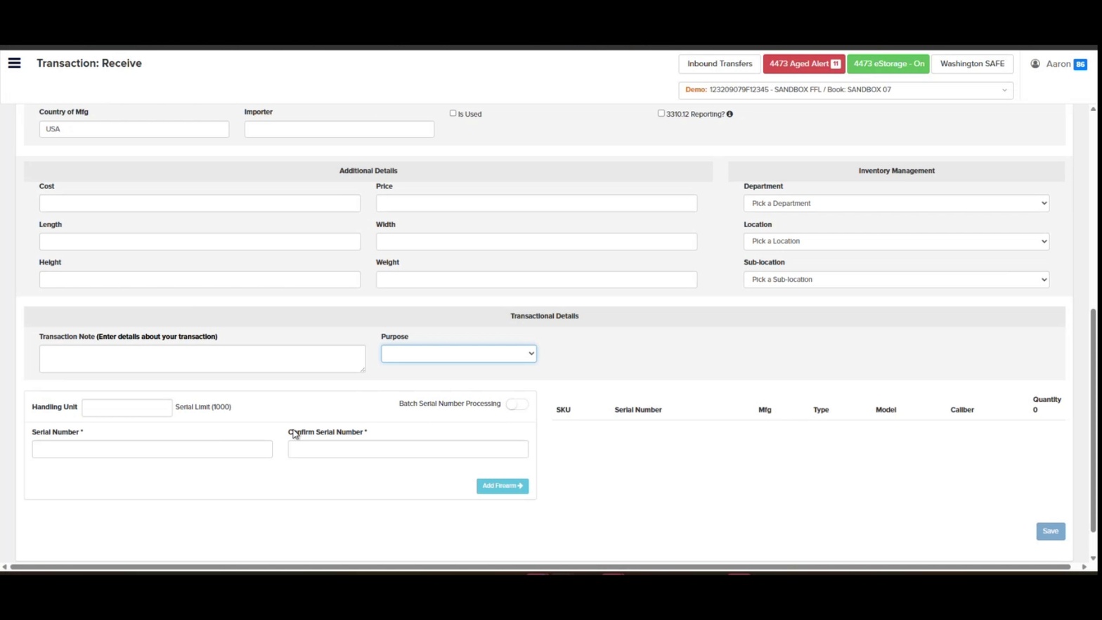 Serial Number and Confirm Serial Number fields with Add Firearm button