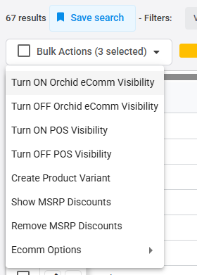 Bulk Actions menu open, with "Turn ON Orchid eComm Visibility" highlighted as the first option