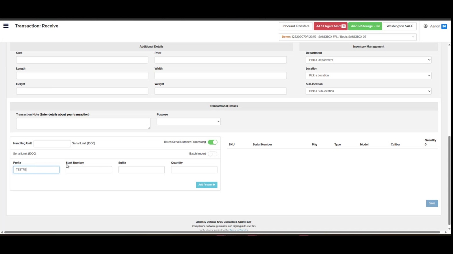 Prefix field with TESTRE entered