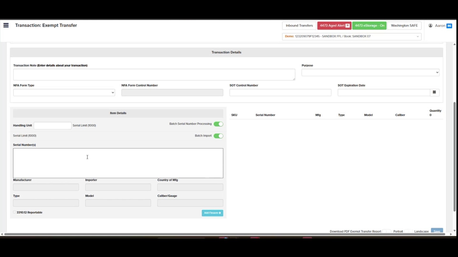 Batch Import enabled with Serial Number(s) field